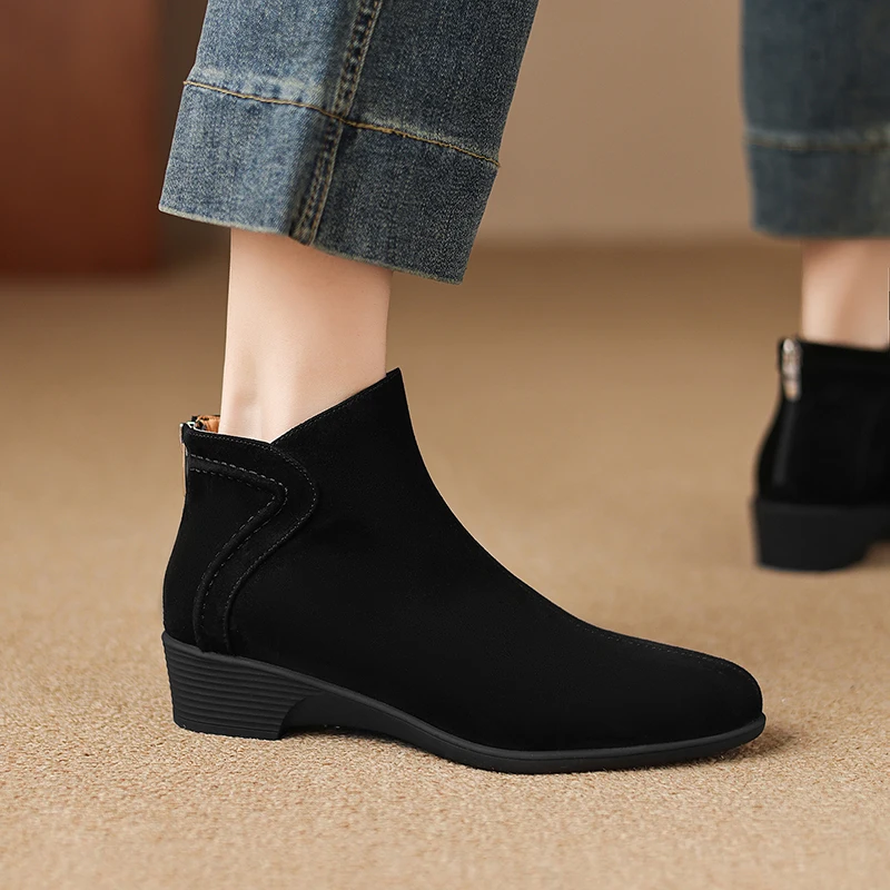 

2026 new autumn winter women ankle boots natural leather 22-25cm kid suede round toe thick heel back zip short boots fashion