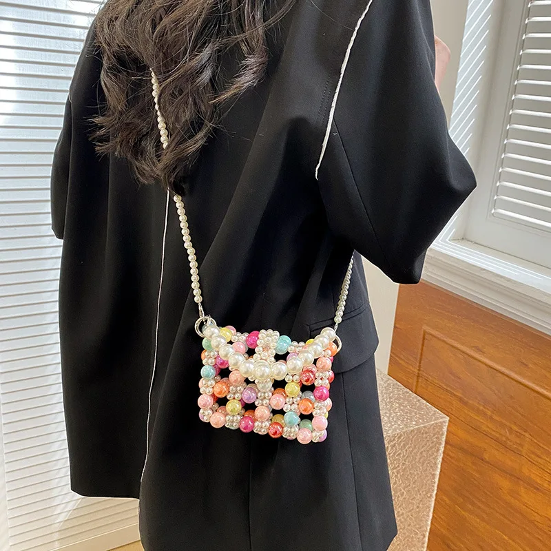 Candy Beaded Women\'s Shoulder Bag Fashion INS Colorful Pearl Crossbody Bags for Woman Cute Knitted Hollow Out New In Handbag