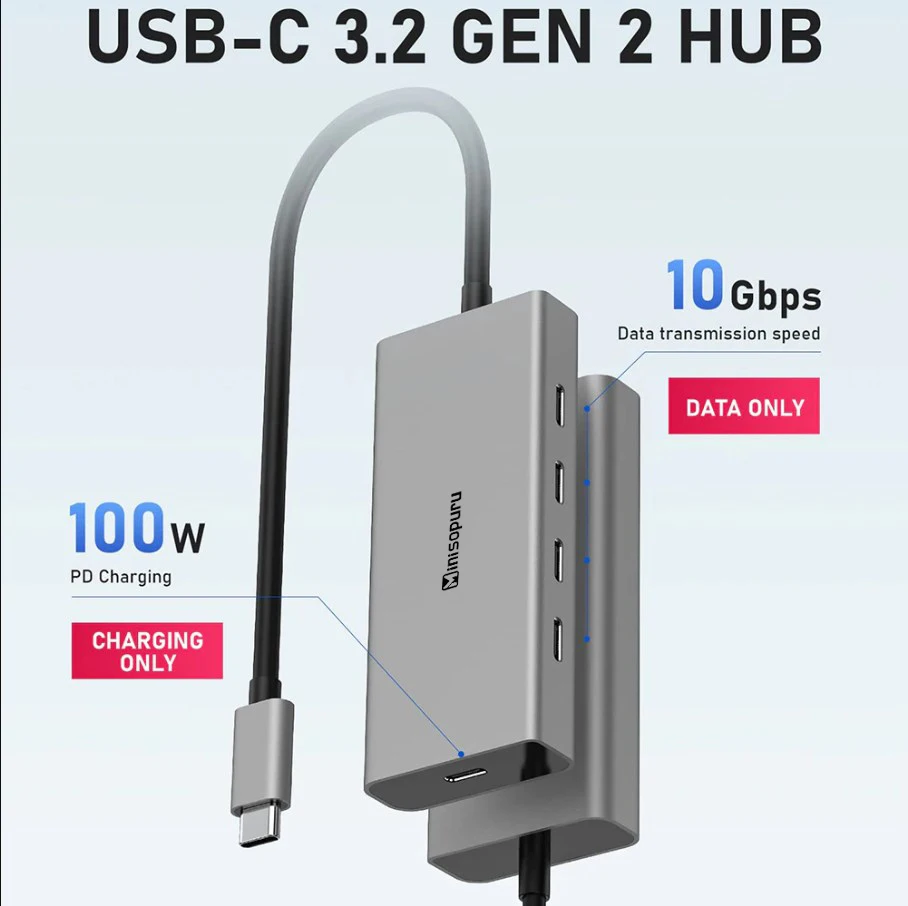 Minisopuru hub usb c hub 5 portas 10 gbps tipo c para USB C 3.2 gen 2 pd 100w adaptador multiporta para macbook pro chromebook imac xps usb 3.0 hub