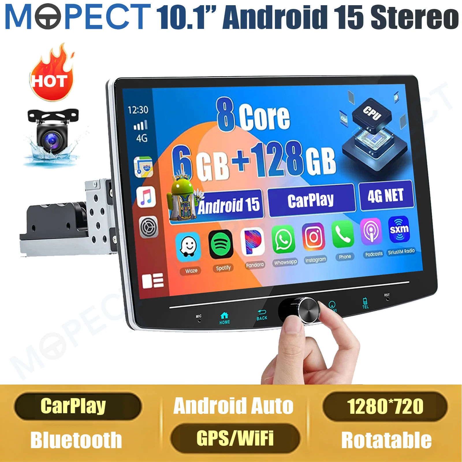 MOPECT 10 inch Android 15 autoradio 6+128GB Single 1 DIN Universeel Handmatig 360 ° Draaibare draadloze Carplay Android Auto GPS Navigatie RDS FM MIC Wifi Bluetooth stuurwielbediening touchscreen