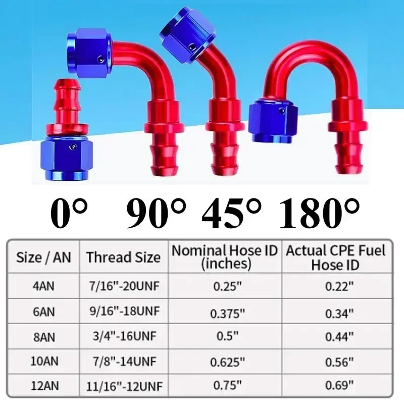 12Pcs AN4 AN6 AN8 AN10 AN12 Push-on Hose End Fittings Fuel Oil Cooler Hose Fittings 0 45 90 Degree Reusable Connection Adapter