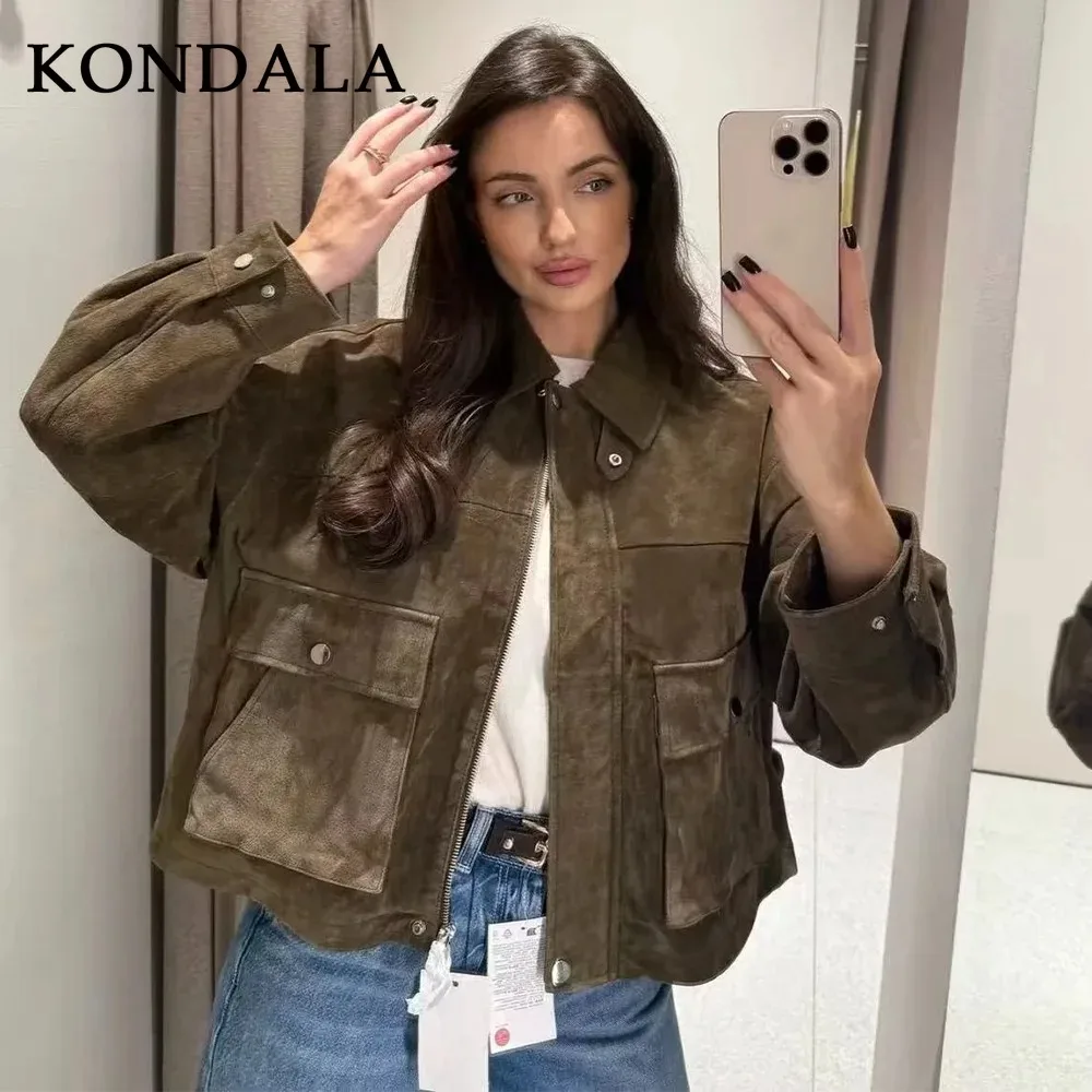 

KONDALA 2025 Fall Winter Vintage Women Pockets Coats Fashion Streetwear Solid Turndown Collar Zipper Christmas Ladies Coats