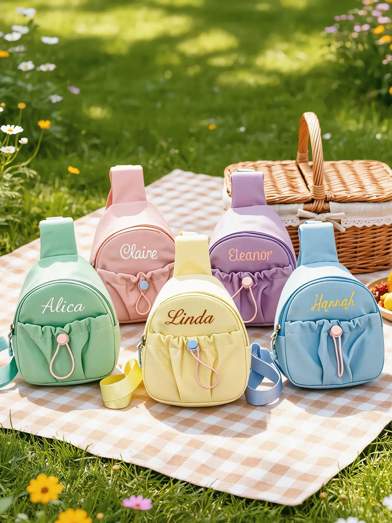Custom Name Embroidery Mini Sling Bag Cute Candy Color Crossbody Bag for Girls Women Small Drawstring Chest Bag Kids Backpack