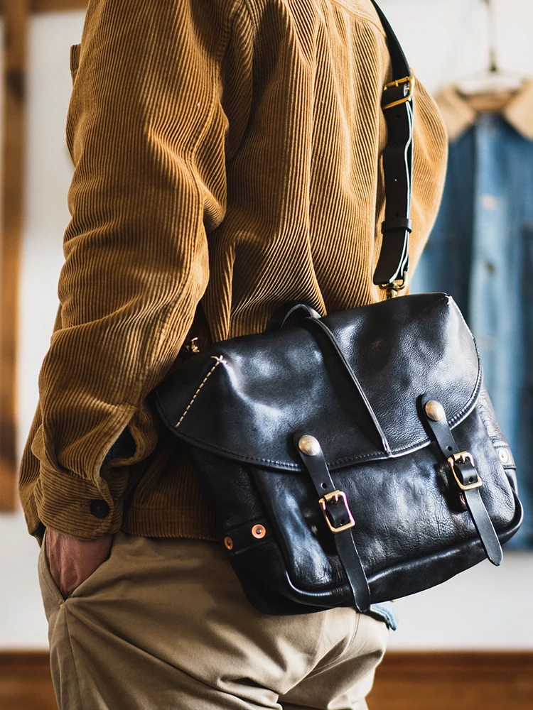 Vintage personality designer handmade high-quality cow leather men's messenger bag work luxury genuine leather shoulder bag