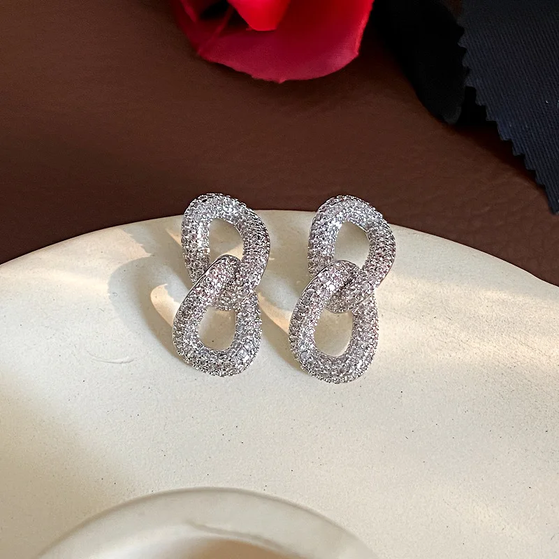 French Style Light Luxury Micro Inlaid Zircon Splicing Chain Long Style Super Sparkling Personalized Temperament Earrings