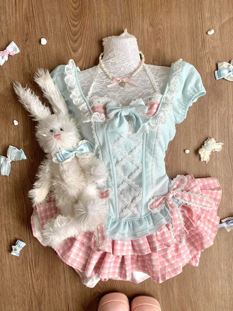 夏の和菓子風キュートなレディース outfits バブルスリーブトップス + 水玉模様ケーキスカート 原宿系ピュアデザイア スリムツーピースセット 2025