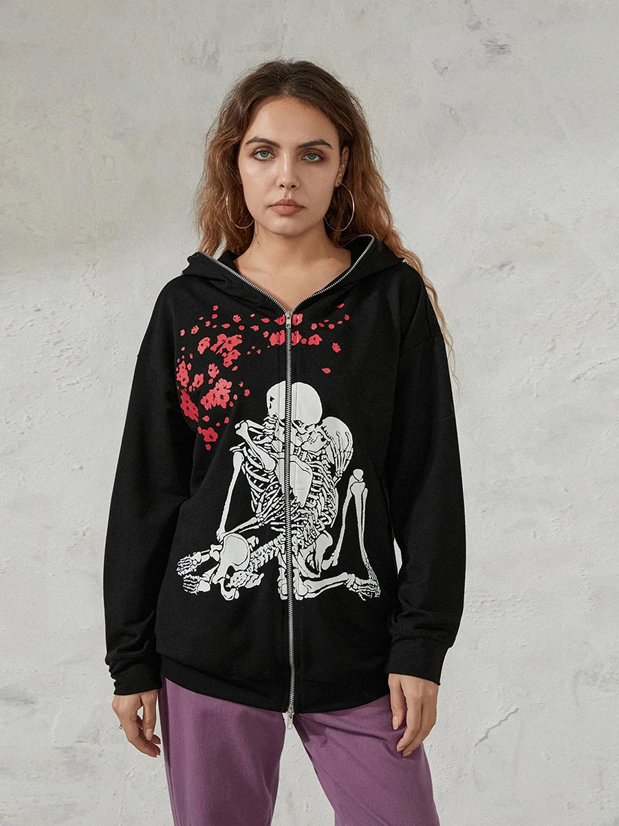 

Women Zip up Hoodie Y2k Vintage Graphic Oversized Hooded Sweatshirt Jacket Skeleton Coats Harajuku Streetwear