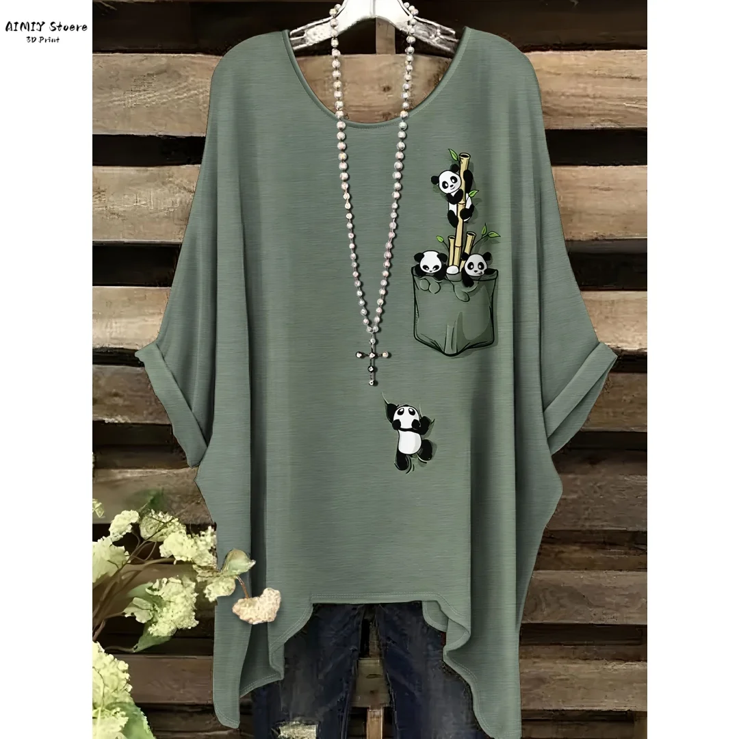 

Богемная шикарная негабаритная минималистичная футболка с милым принтом панды, неровный подол, с круглым вырезом, стильная и универсальная, которую можно стирать в машине