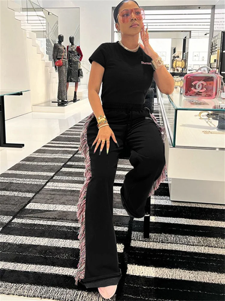 Whatiwear عادية بسيطة 2 قطعة مجموعة المرأة إلكتروني التطريز المحاصيل القمم + السراويل الملونة شرابة مطابقة الشارع الكلاسيكية رياضية