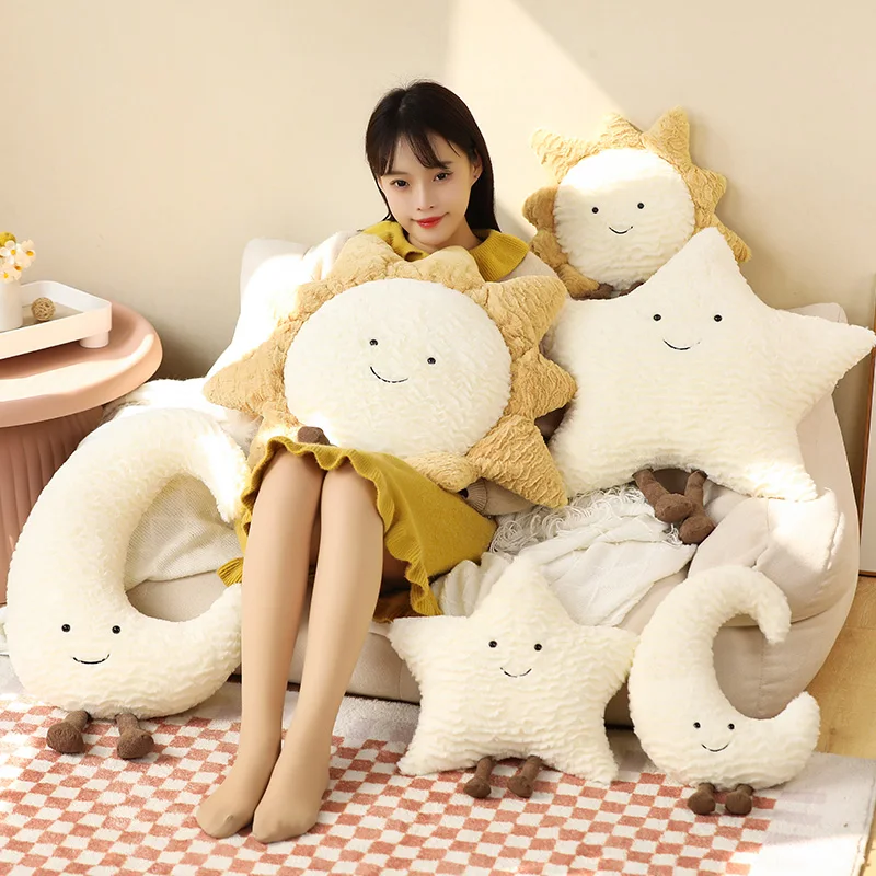 Kawaii Smile Face Moon Star Sun Plushie Stuffed Cute Cartoon Weather Plush Toy for Kid Bedroom Decor Sofa Cushion Throw Pillow