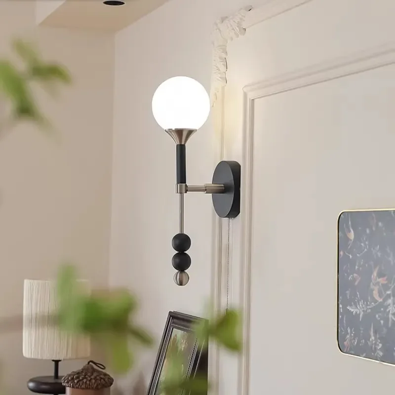 for French Medieval Small Chandelier American Retro Cable Switch Bedroom Wall Lamp Bedside Walnut Light
