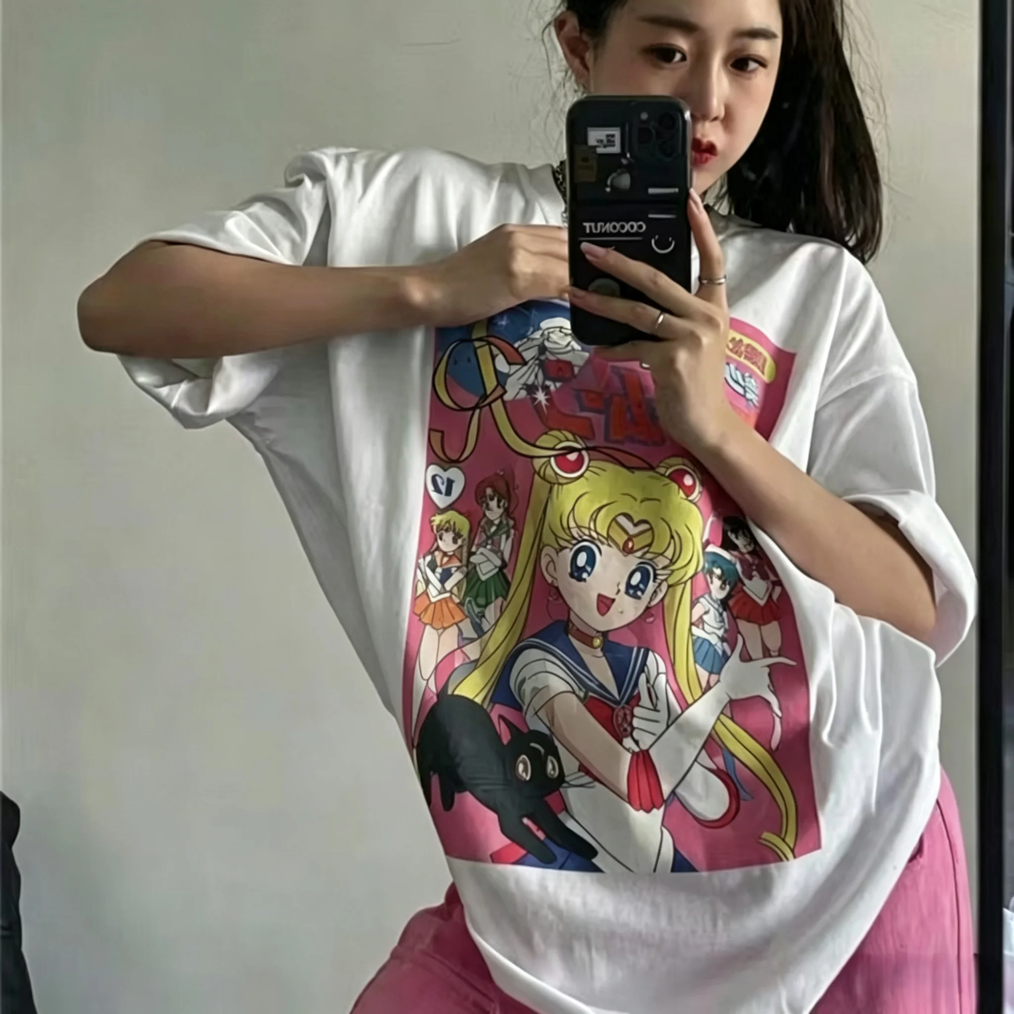 2026 Sailor Moon Usagi Retro T-Shirt, Luna & Sailor Team Print,Cotton Loose Oversized Y2K Anime Streetwear Tops for Women Girls