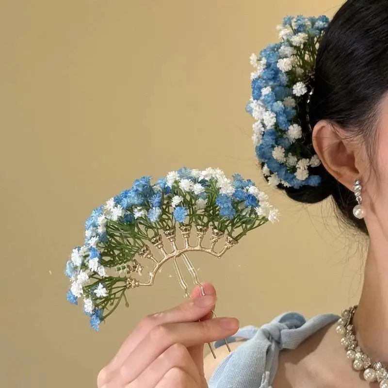 1 Stück handgefertigte Gypsophila-Blumenfächer-Haarnadel mit zarten bunten Blumen und goldenem Rahmen für Hanfu, traditionelle Feste und den täglichen Gebrauch. – Detail 10