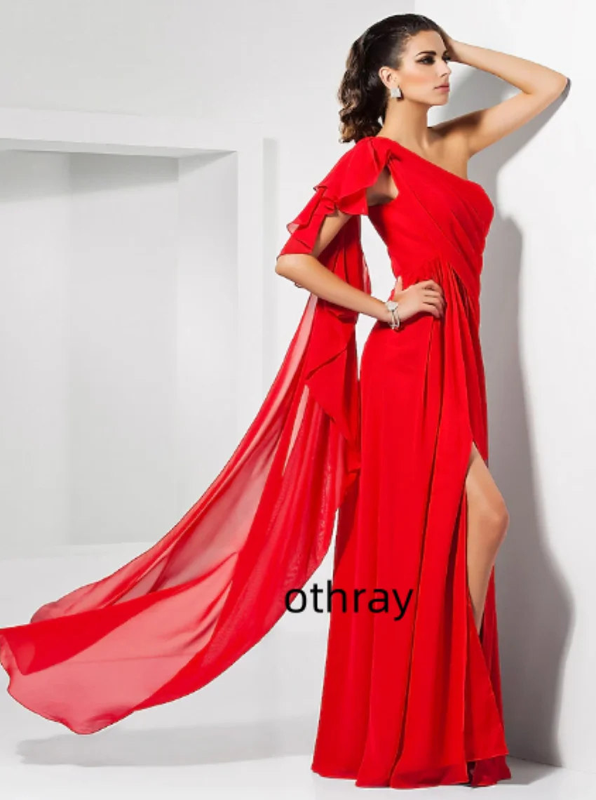 

Othray Sheath Empire Wedding Guest Formal Evening Dress One Shoulder Sleeveless Floor Length Chiffon with Draping Slit 2022