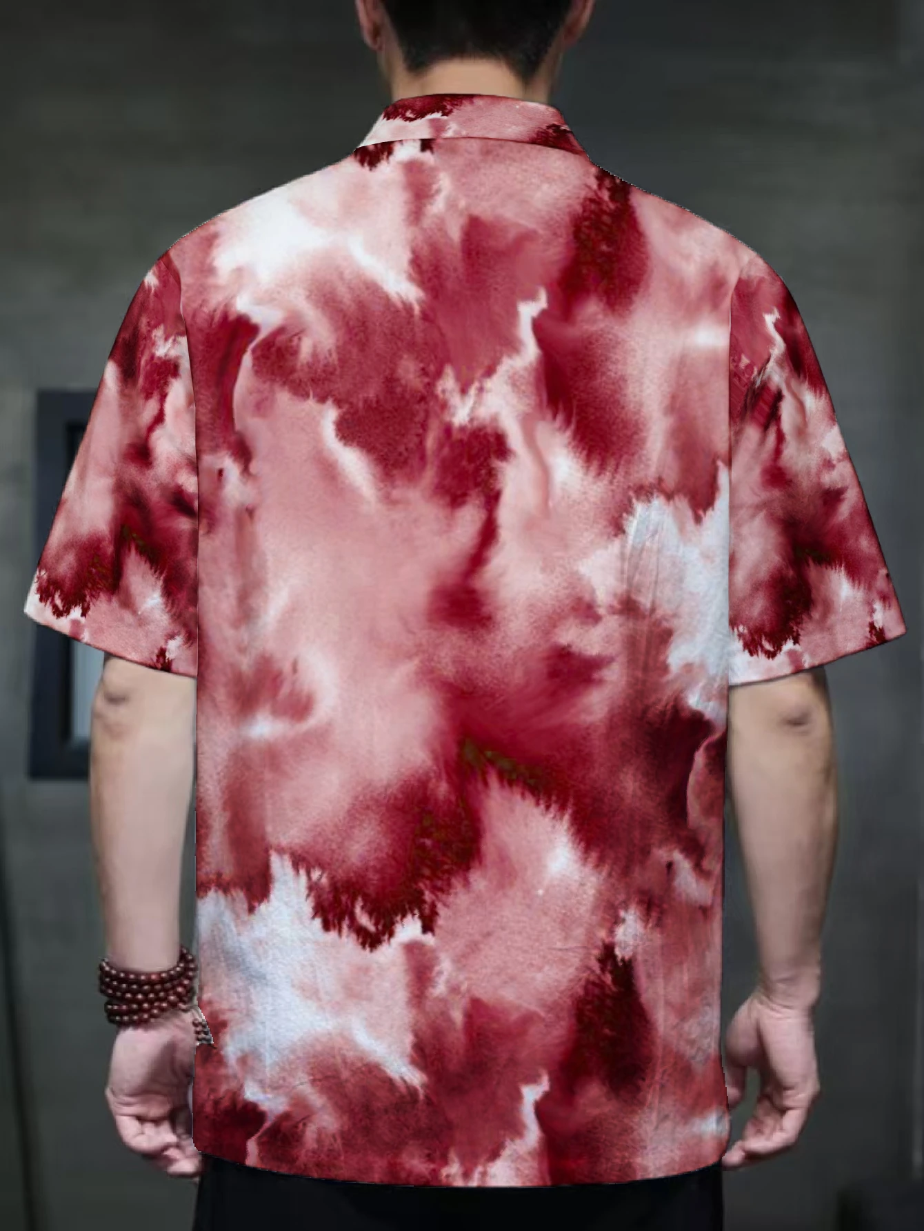 Men Mandarin Collar Frog Button Short Sleeve Shirt Ink Tie Dye Starry Sky Art Print Traditional Top