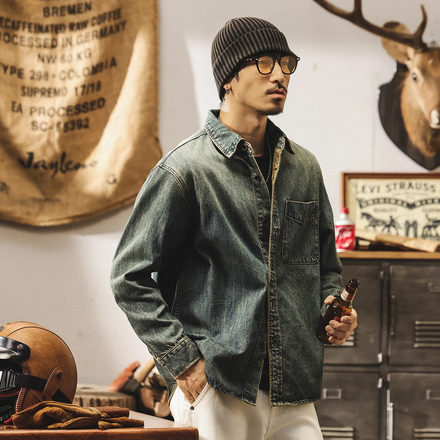 

Men's Spring and Autumn new classic retro washed denim shirt, trendy long-sleeved shirt, loose jacket