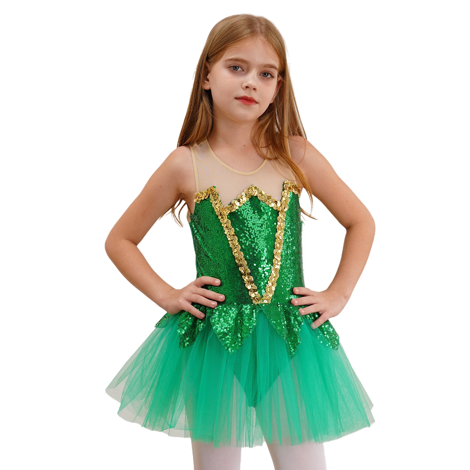 

Kids Girls Halloween Elf Fairy Cosplay Costume Sleeveless Shiny Sequins Mesh Tutu Dress Leotard Carnival Themed Party Dress Up
