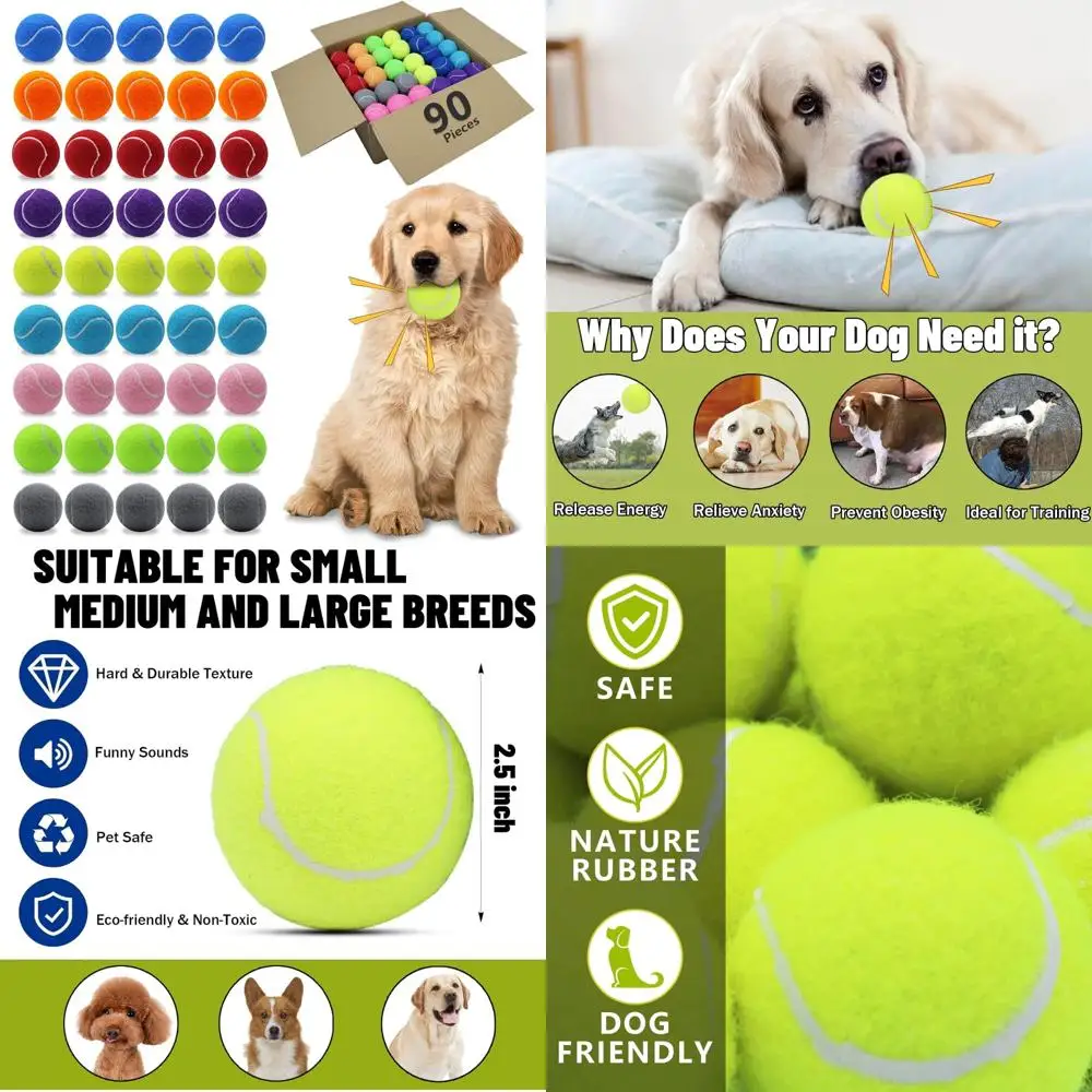 

Плавающие скрипучие теннисные мячи для собак, упаковка 90 шт., 2,5 дюйма, натуральный каучук, мячи для упражнений Fetch