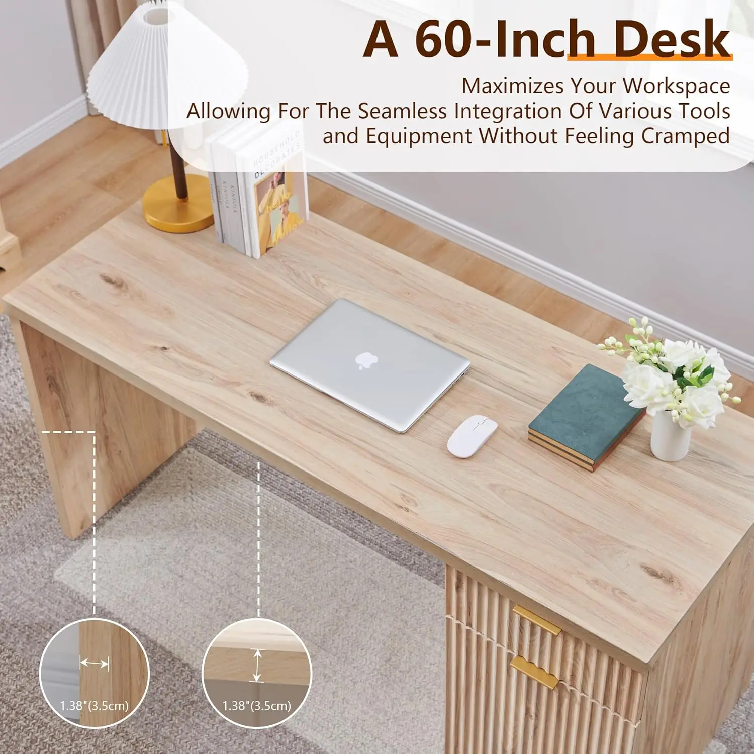 60" Modern Executive Desk with Storage, Wood Home Office Desk with Drawer & Cabinet, Fluted Computer Writing Desk for Study