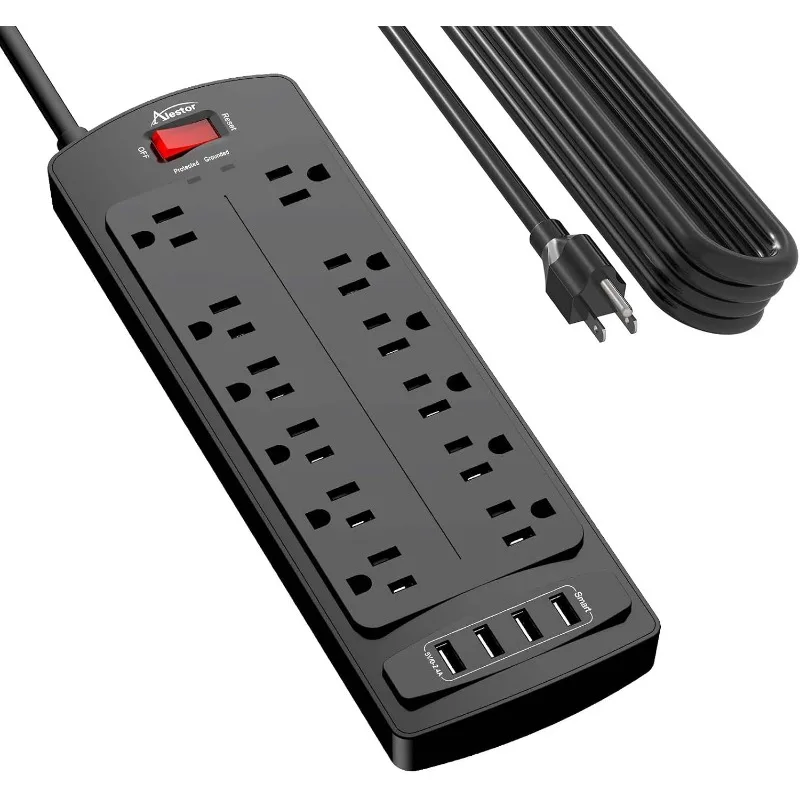 Power Strip, ALESTOR Surge Protector with 12 Outlets and 4 USB Ports, 20 Feet Extension Cord