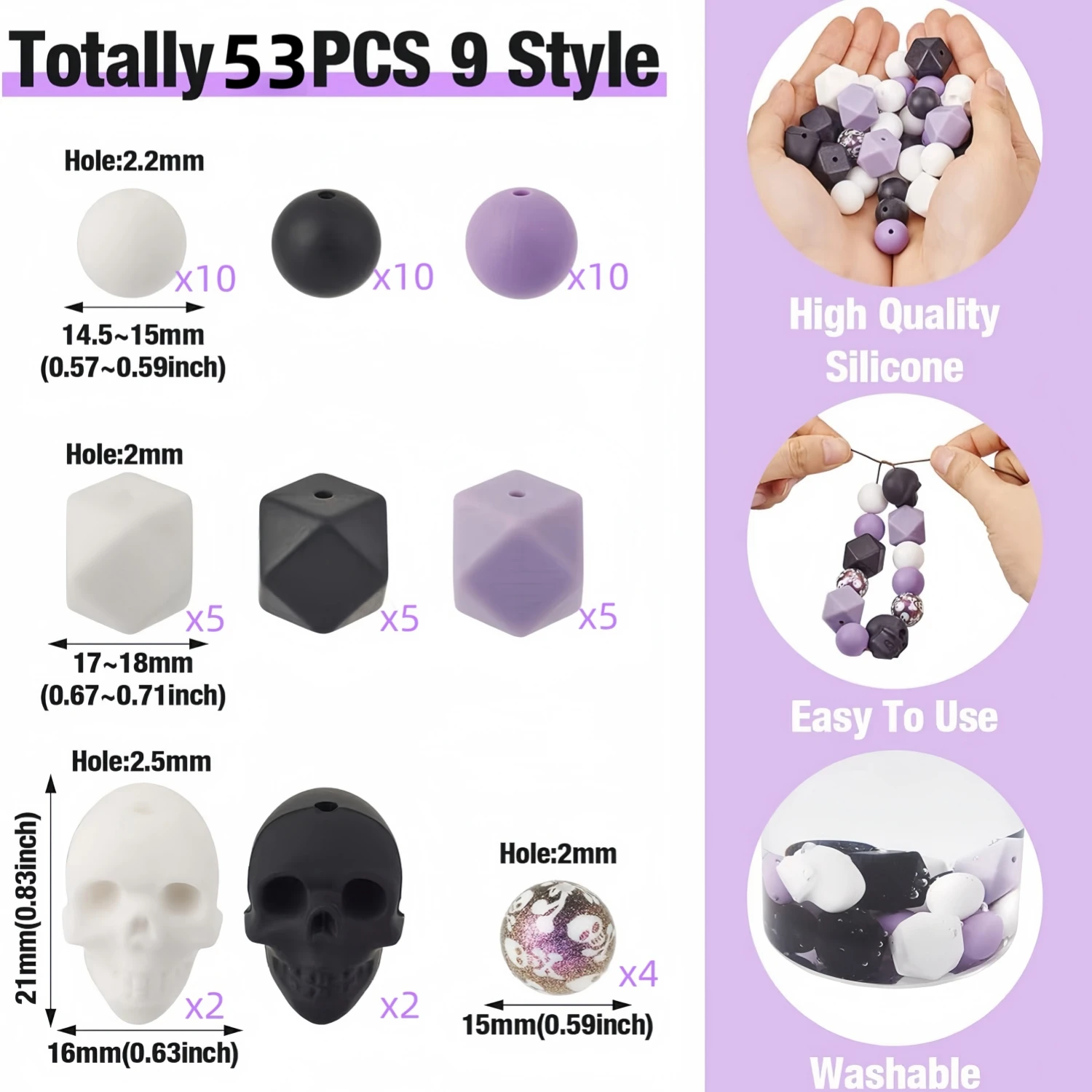 25/53pcs Halloween Silicone Beads 15mm Skull Head DIY Keychain Silicone Focus Beads Purple Black white Skull Skeleton Various Silicone Beads Bangle