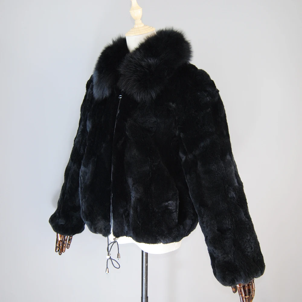 Hot Sale Mulheres Inverno Grosso Quente Qualidade Macia Real Rex Rabbit Fur Coat Rex Rabbit Fur Jacket Com Real Fox Fur Collar Overcoat