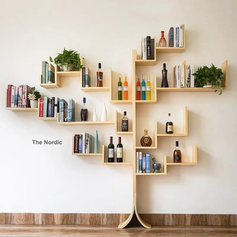 Wine Rack Creative Tree Bookshelf Solid Wood Full Wall Bookcase Storage Rack Simple Kindergarten Picture Book Rack School Shelf