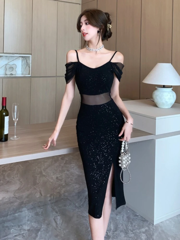 Black Sequins Patchwork Mesh Sexy Sling Dress for Women Summer Elegant Dance Party Dress 2024 Korean Vintage Evening Dress