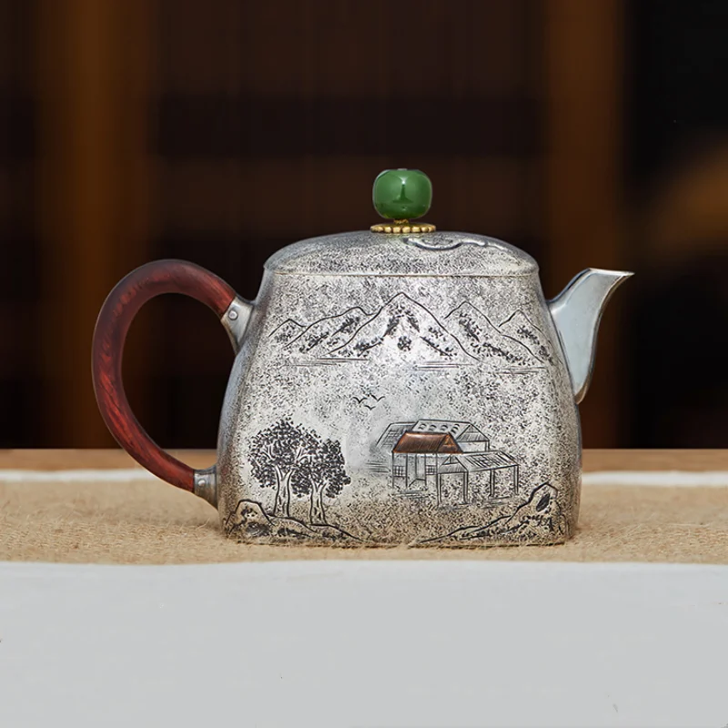 

Sterling Silver 999 Teapot Ink Mountain Chinese Retro Style Handmade Pot Kungfu Tea Ceremony Household Tea Kettle Gifts