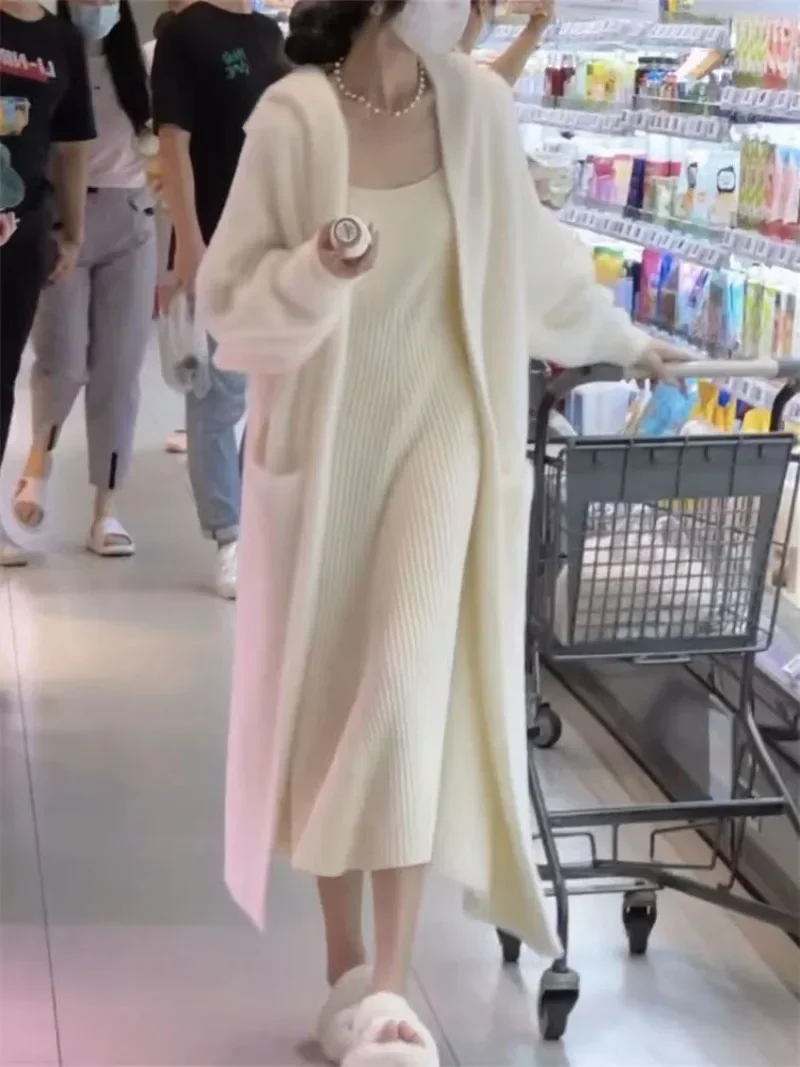 White Long Cardigan Fluffy Pocket Knitted Fuzzy Hooded Coat for Women 2024 Autumn Winter Fashion Clothes Korean Popular Style