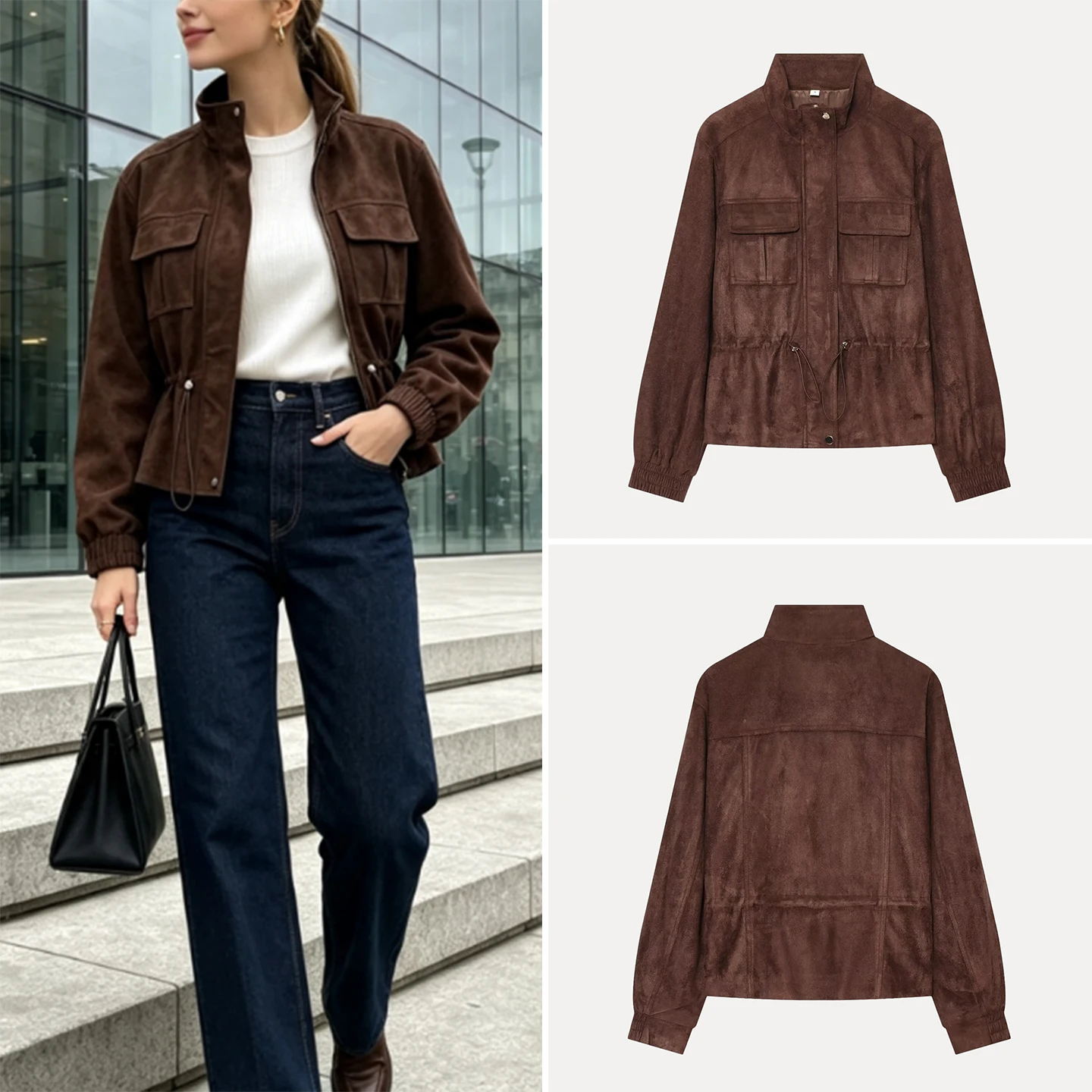 Women's Fashionable Long Sleeve Drawstring Waistcoat Autumn 2026 New Arrival Zipper Closure Loose Fit Jacket Stand Collar