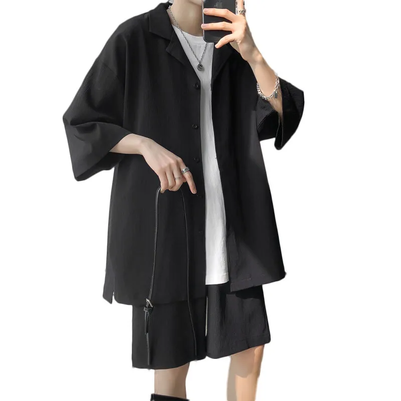 Summer White Shirt Set Men Fashion Casual Black Dress Shirts Sets Korean Loose Ice Silk Set Mens Formal Set Plus Size 5XL