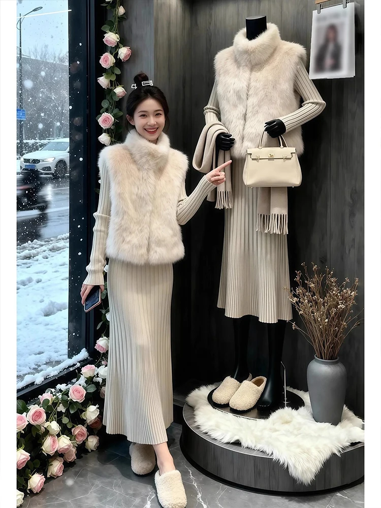 

Экологичный меховой жилет и комплект из двух предметов для похудения для женщин, осень-зима, нежная длинная юбка с высокой талией