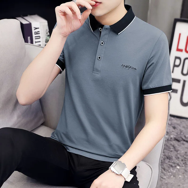 

Business Casual Summer T-shirts Fashion Contrasting Colors Spliced Men's Clothing Korean Embroidery All-match Lapel Polo Shirts