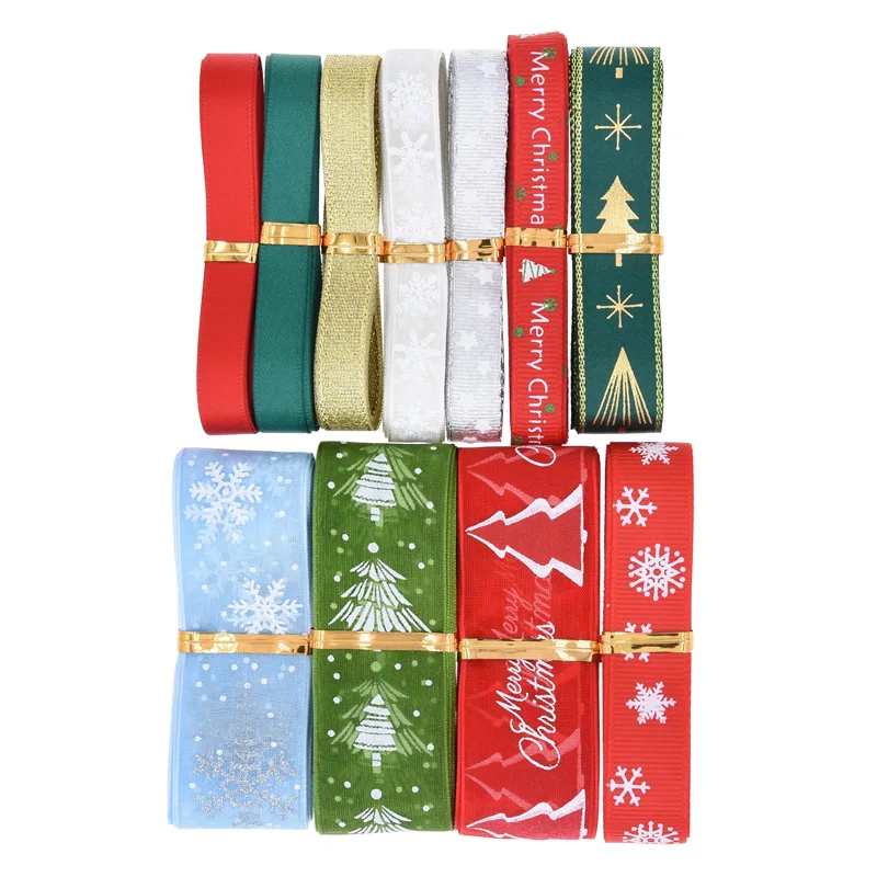 22yard/bag 10/15/25mm Christmas Tree/Snowflake Printed Polyester Ribbon Wrapping Xmas Gifts DIY Crafts Packing Handmade Decor