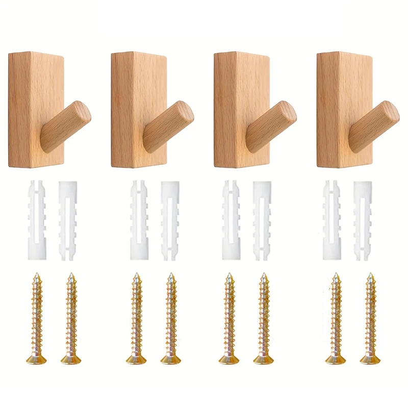 4Pcs Solid Wooden Hook, Wall Free Punching Door Back Hook,Entryway Hook, Changing Room Clothes, Coat Room Wooden Hook