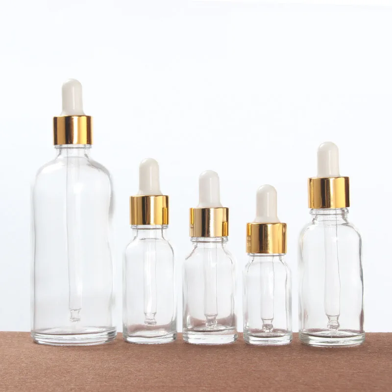 10Pcs 5ml 10ml 15ml 30ml 50ml Empty Glass Dropper Bottle Clear Essential Oil Dropper Bottle With Golden Cap Refillable Container