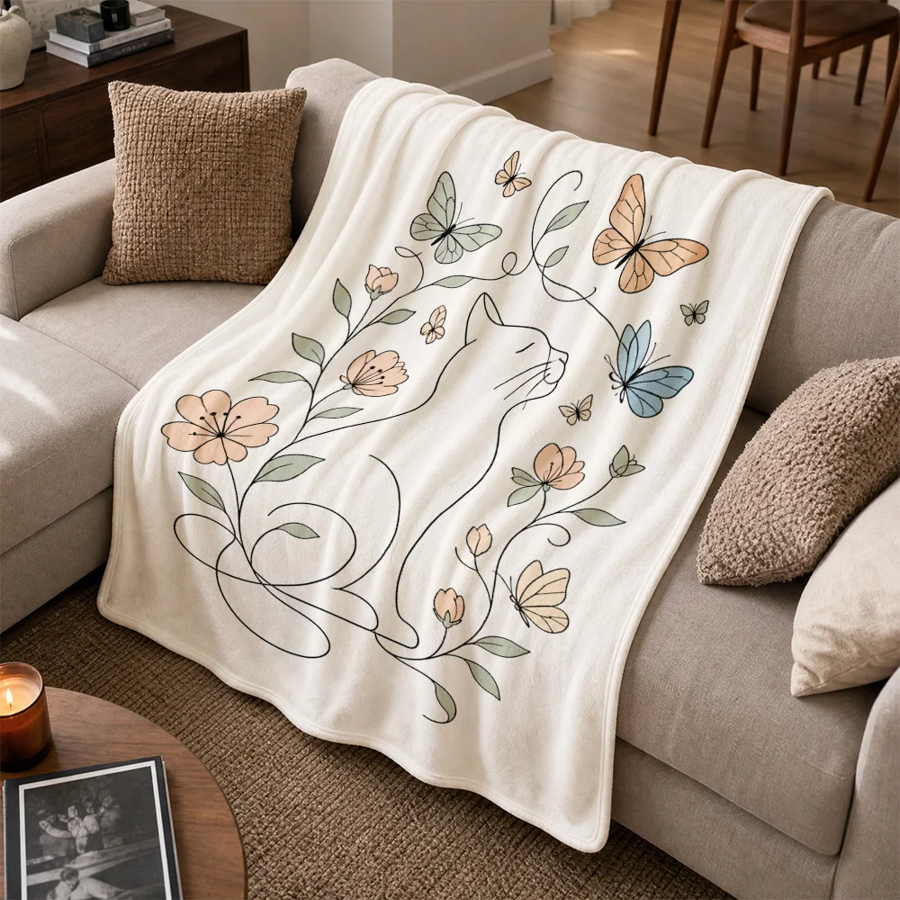 Aesthetic Cat Butterfly Floral Print Throw Blanket Cozy Sofa Couch Throw Boho Tapestry Decorative Plush Winter Knit Wrap