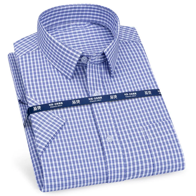 Mens Short Sleeve Shirt Business Casual Classic Plaid Striped Checked Male Social Dress Shirts Purple Blue 5XL Plus Large Size