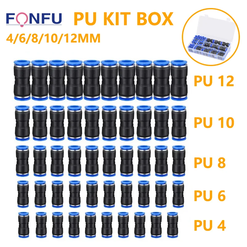 60PCS/Box Set Air Straight Pneumatic Fittings PU Water Pipes Quick Release Connector PU-4-6-8-10mm Plastic Hose Couplings