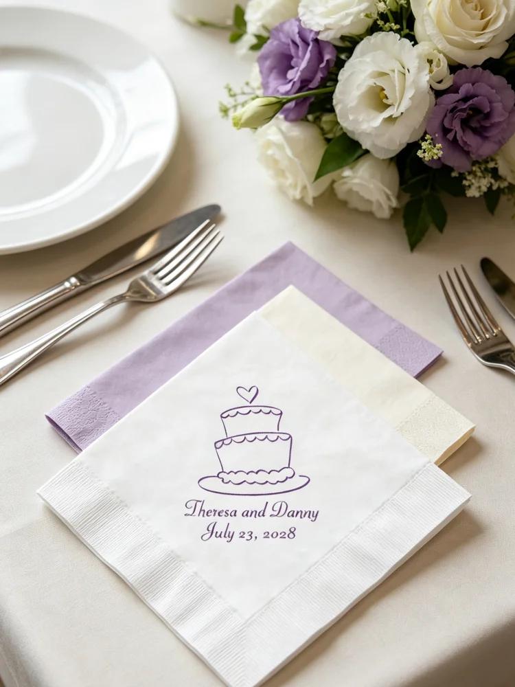 Personalized Wedding Cake Cocktail Napkins Gold Foil Disposable Paper Napkins Custom Names Date Wedding Reception