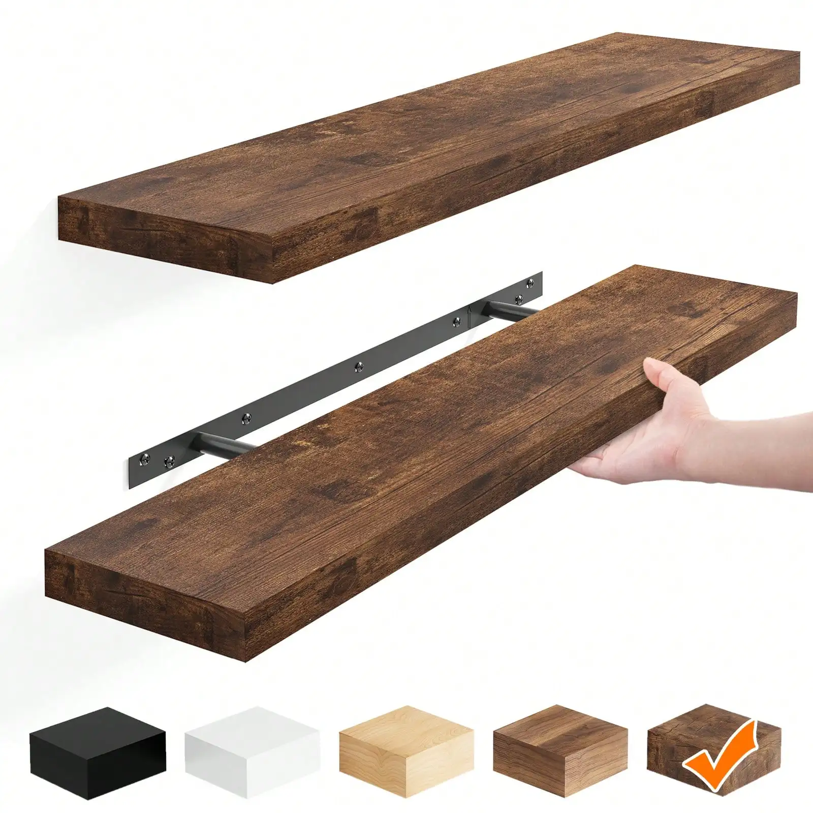 Floating Shelves Set of 2, 22 Inch Wall Mounted Rustic MDF Wood Shelves, Farmhouse Storage Display Rack for Bathroom, Living Room, Bedroom, Kitchen, Rustic Brown