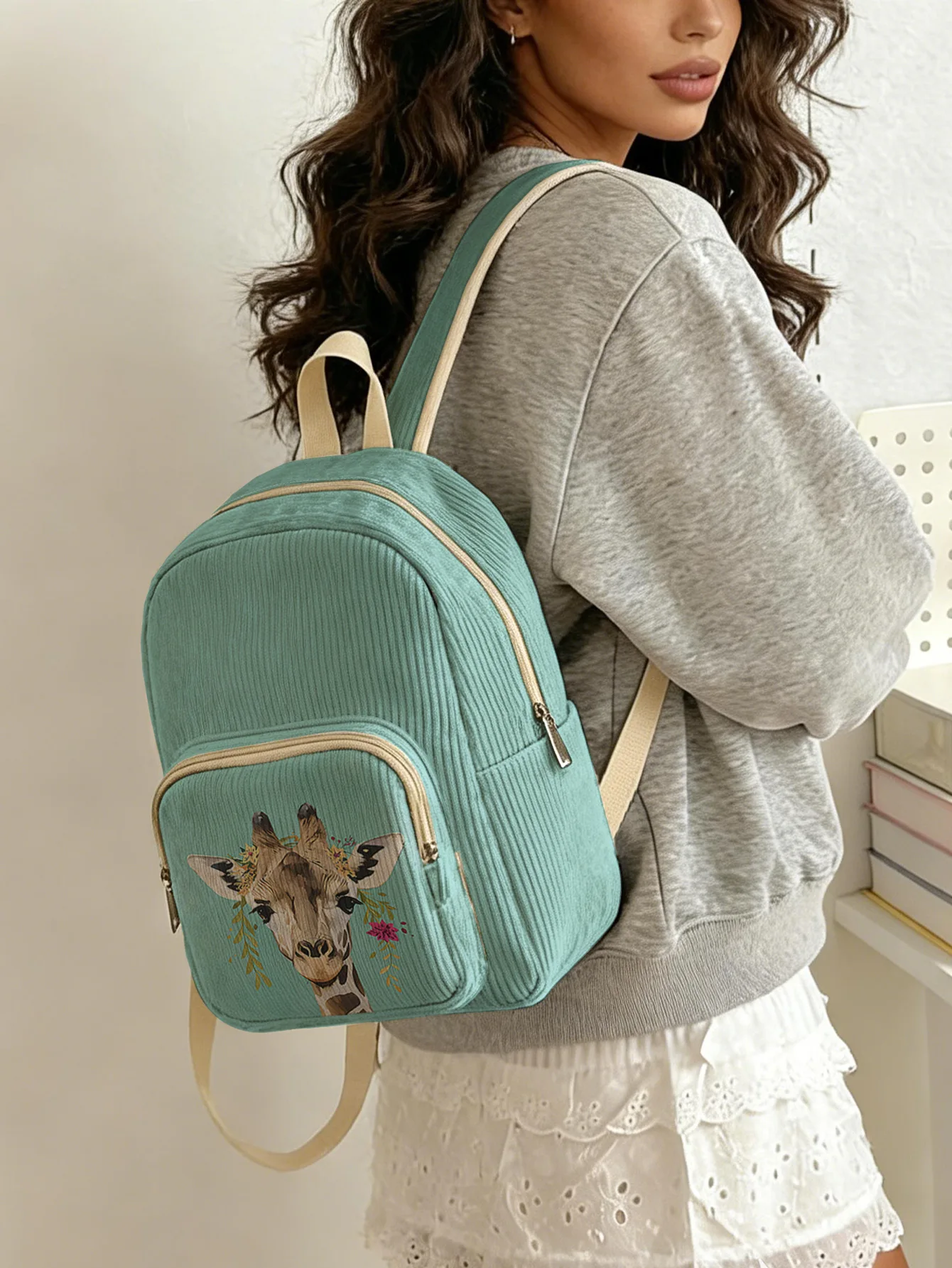 

Teal Floral Crown Giraffe Print Women Fashion Backpack Corduroy Multi-pocket Large Capacity Commuter Bag