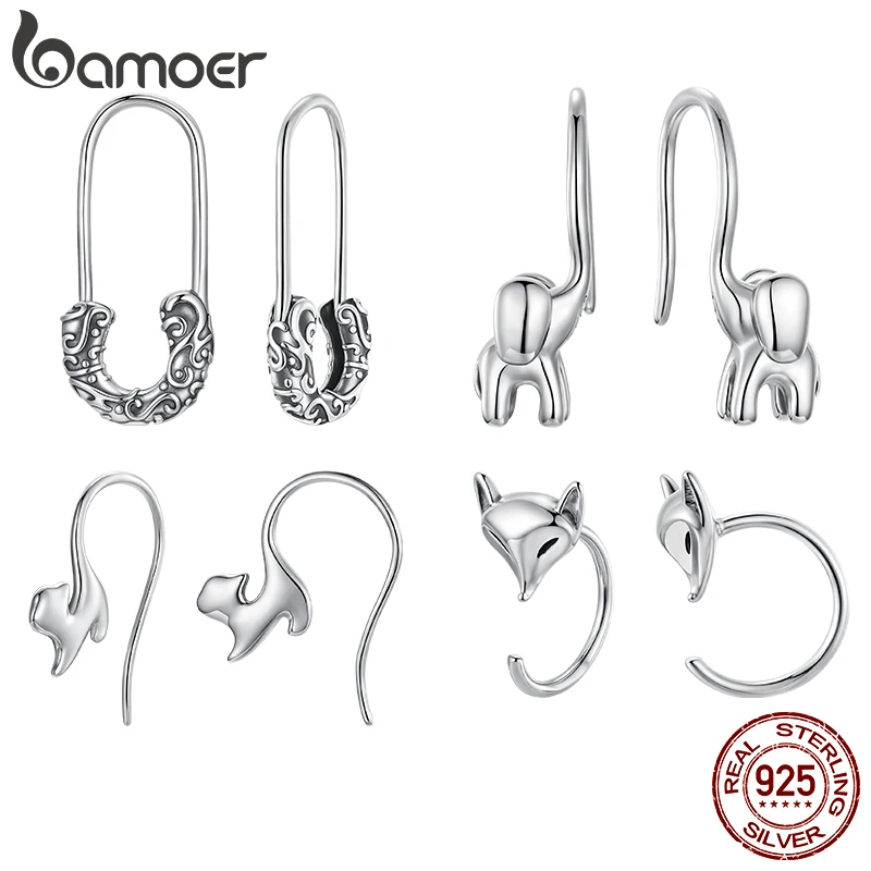 

Bamoer, серьги-крючки со слоном из 100% стерлингового серебра 925 пробы, крючки для ушей в виде кошки, лисы, милые висячие серьги с животными для женщин, ювелирные изделия, подарок