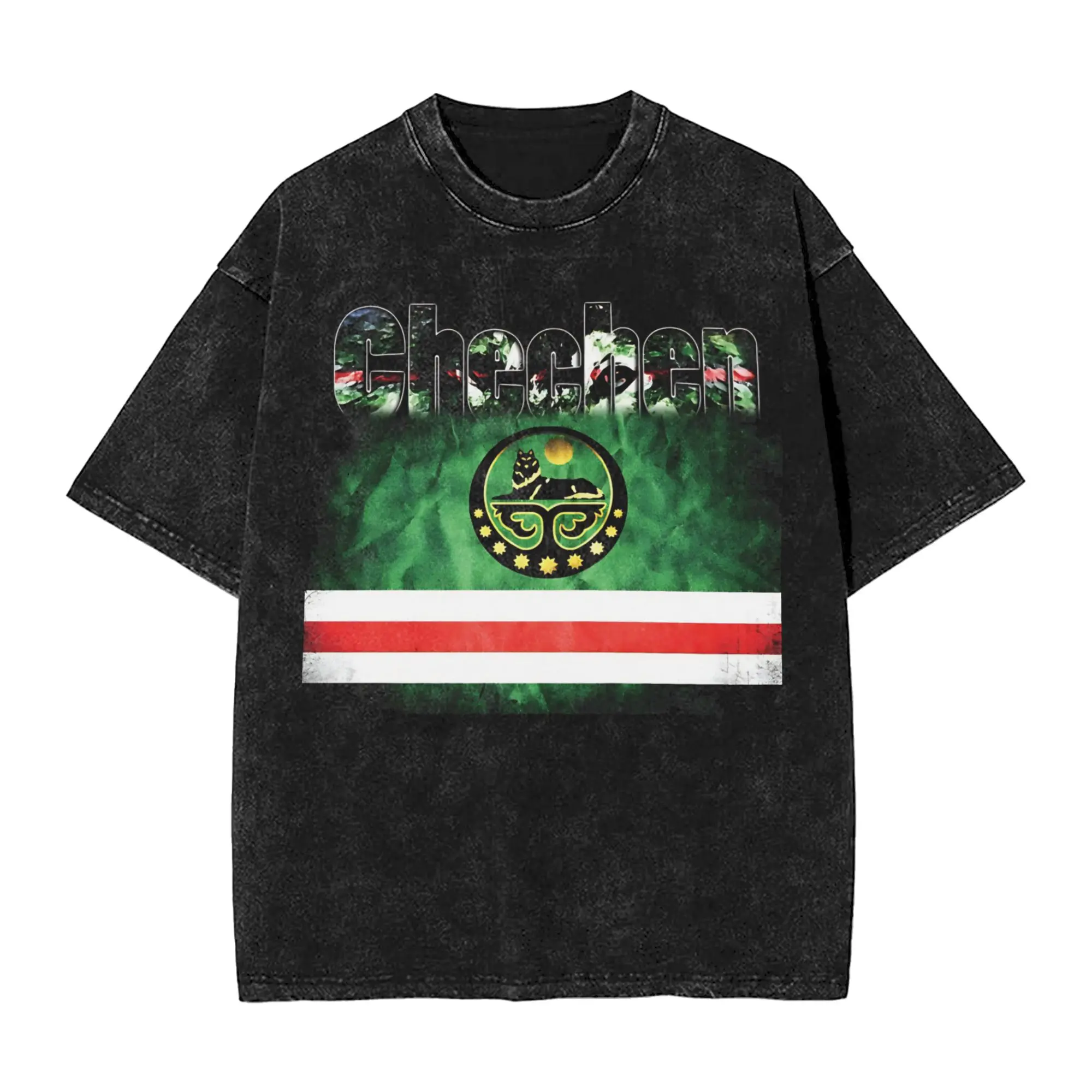 Harajuku Washed Shirt Coat of Arms of the Chechen Republic of Ichkeria Apparel Retro T-Shirts Harajuku  Streetwear Short Sleeve