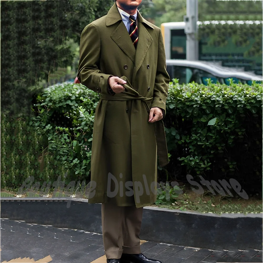 

Classic Green Men's Suit Jacket Notch Lapel Double Breasted Belted Long Overcoat Vintage Style Business Blazer Casual Daily Wear