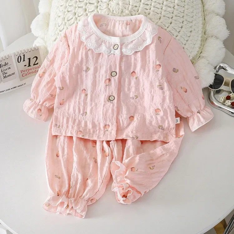 Sommer Frühling Herbst Mädchen Elegante Spitzen-Pyjama-Sets Kinder Atmungsaktive Bequeme Langarm-Hauskleidung Sets Kinder-Schlafanzüge – Detail 12
