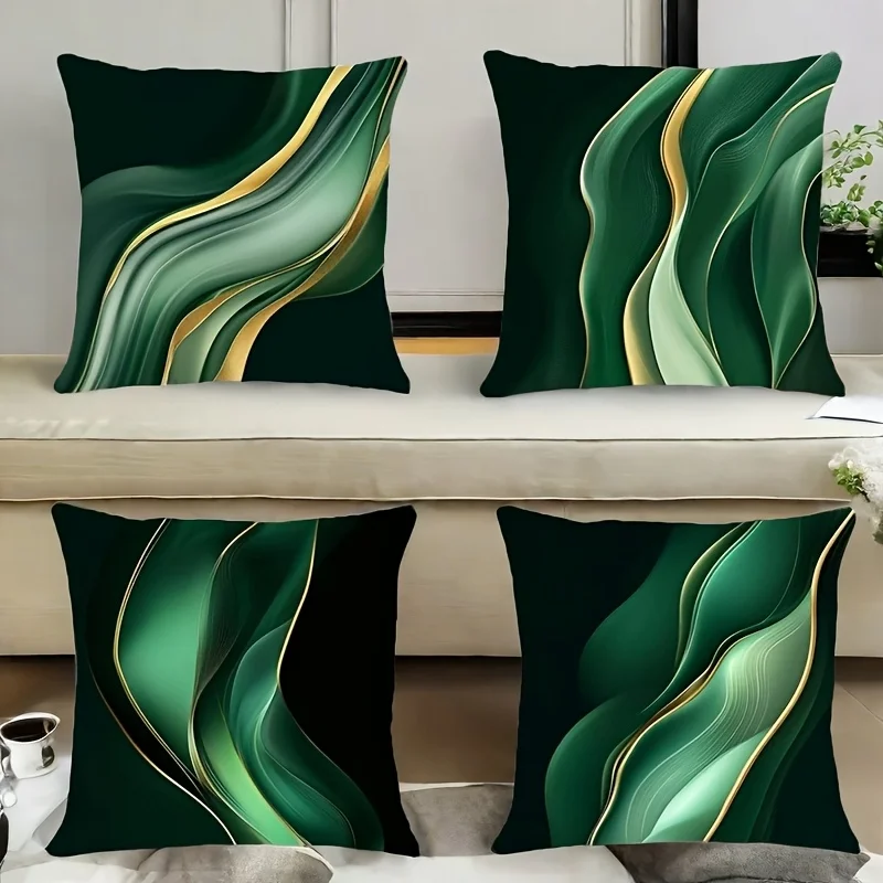 4Pcs Green Gold Pillow Covers 45x45cm Double-sided Printed Abstract Wave Cushion Cases Luxury Home Decor No Insert