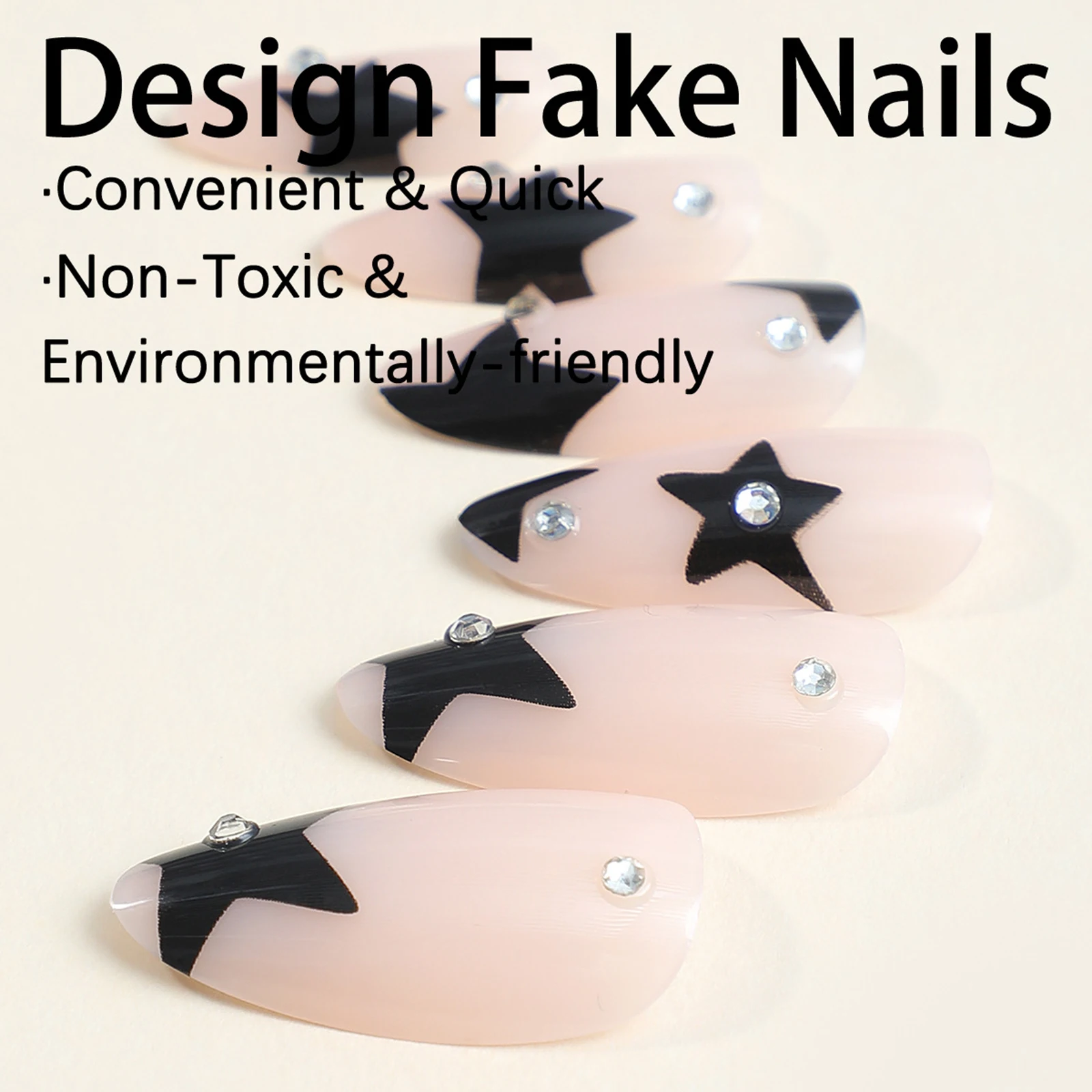 Nude Press on Nails with Black Star Decor Natural Unbreakable Nail Simple Wear for Hot Girl Dress Matching