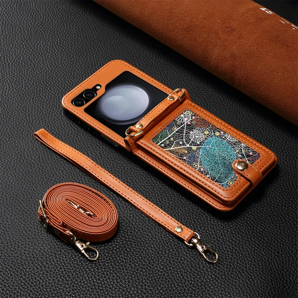 

Crossbody Wallet Phone Case for Samsung Galaxy Z Flip 6 5 4 3 Flip6 Flip5 Flip4 5G RFID Blocking Card Slot Lanyard Leather Cover